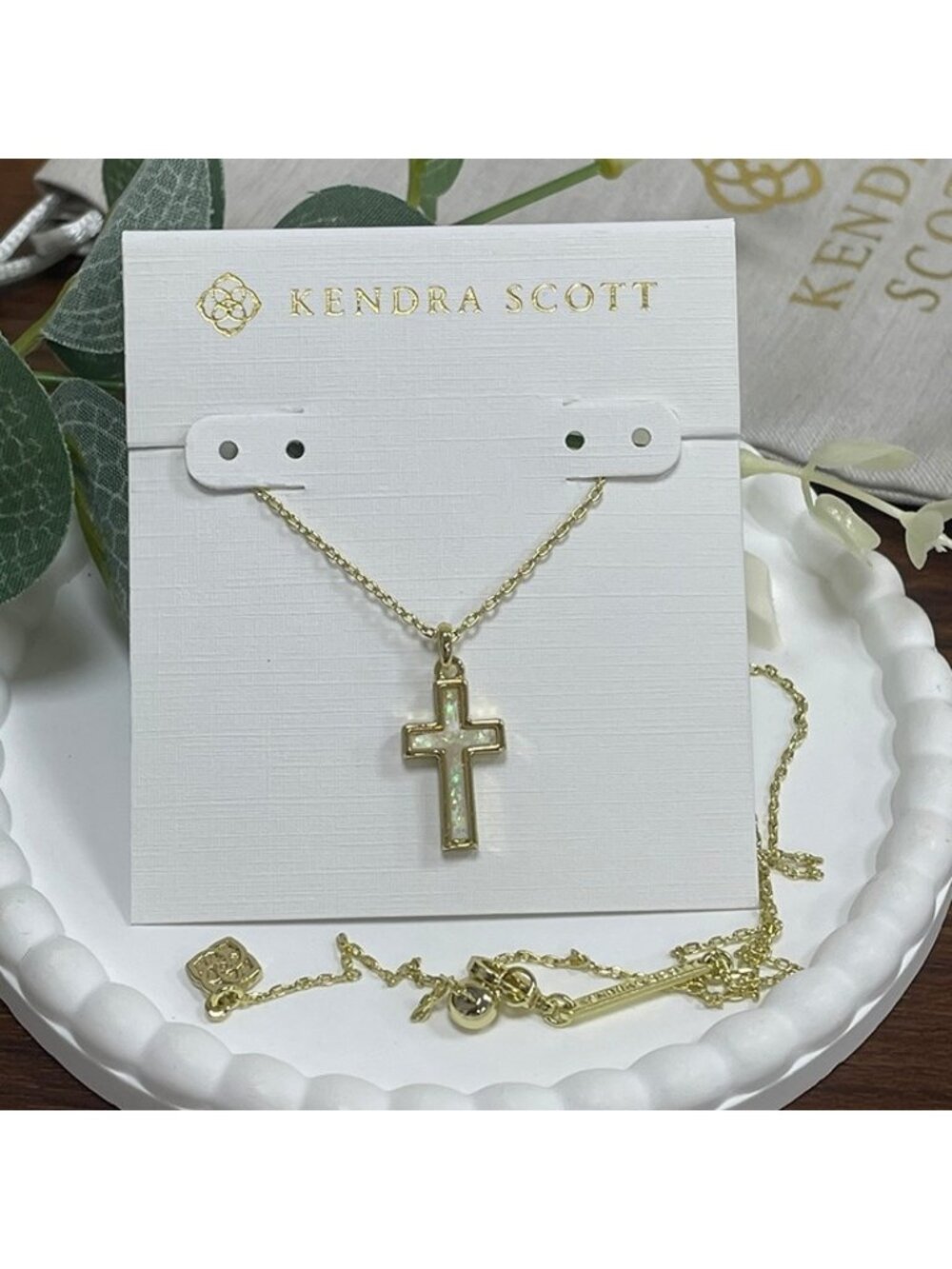 Kendra Scott Gold & White Kyocera Opal Cross Necklace